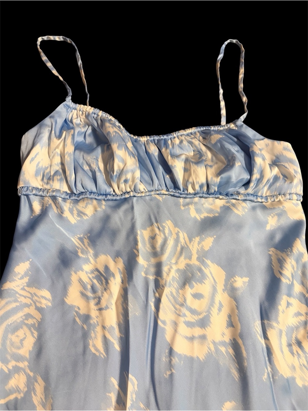 B. Smart Blue and Cream Floral Satin Midi Dress